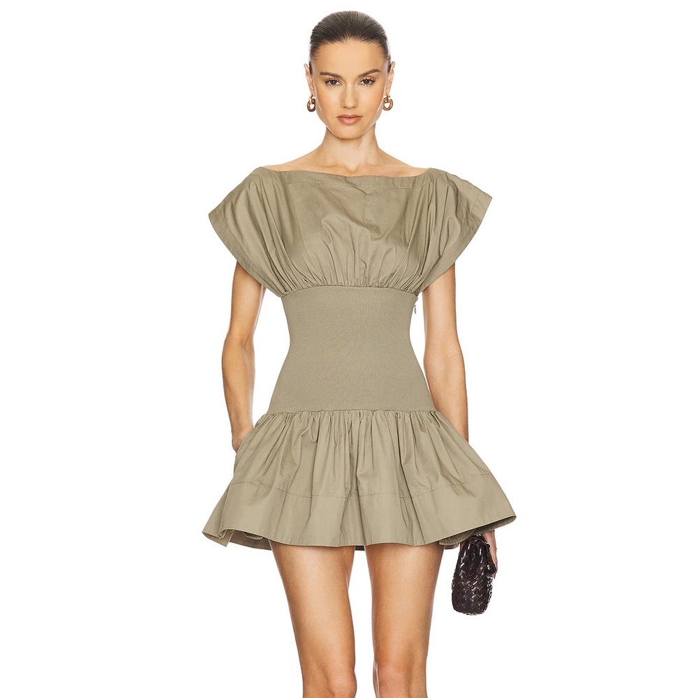 ELSA Olive Green Short Sleeve Ruffle-Hem Mini Dress